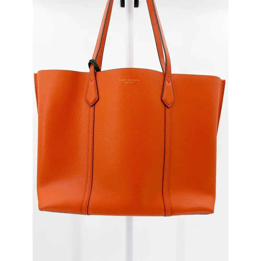 Tory Burch Perry Orange Pebbled Leather Triple Compartment Tote Shoulder Bag